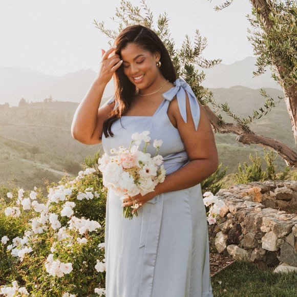 Show Me Your MuMu Dresses & Skirts - Show Me Your Mumu - Claire Midi Dress in Steel Blue Luxe Satin